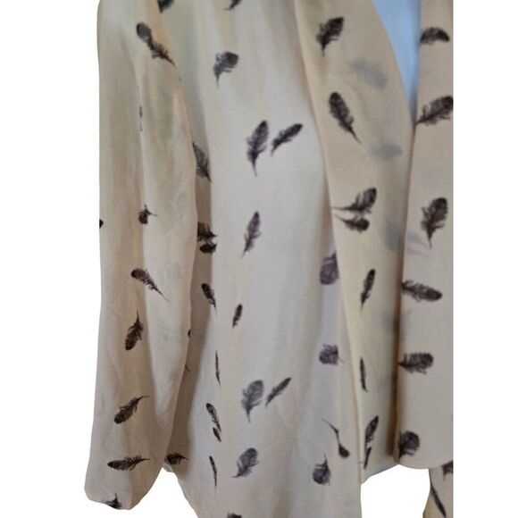 Womens Feather Print Sheer Beige Cardigan Top boho cottagecore grannycore - Picture 4 of 5